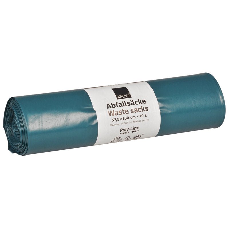 The rolled-up blue Abena Re-Seller GmbH garbage bags 70L (575x1000 mm, 48 my LDPE) are equipped with a bilingual label and are delivered in a roll of 25 tear-resistant garbage bags. They offer reliable durability for daily waste needs.
