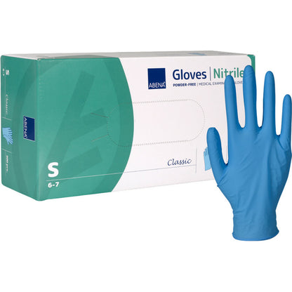 Tá bosca lámhainní nítríle Abena Re-Seller GmbH Classic, saor ó phúdar, gorm (méid beag) le lámhainn gorm ar dheis. Oireann an pacáistiú glas-bán-gorm do shaoráidí leighis.