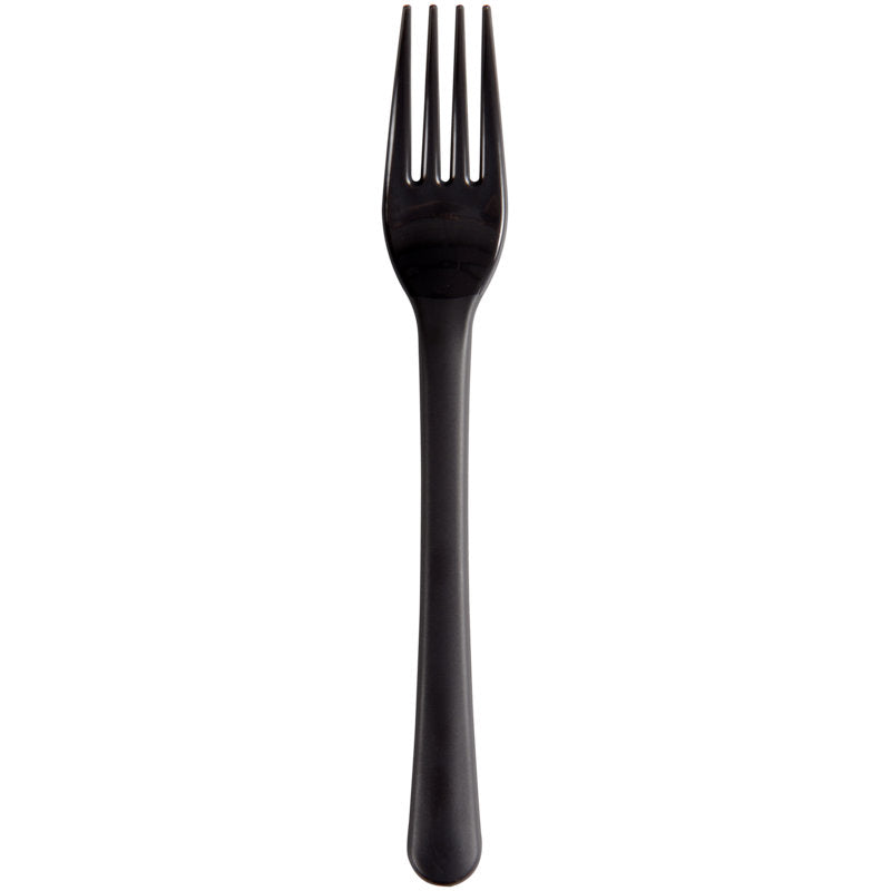 A single black reusable fork (18cm, PP) from Abena Re-Seller GmbH stands centrally on a white background. This eco-friendly and sustainable cutlery alternative has four tines and a slightly curved handle. Package: 50 pieces.