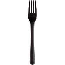 A single black reusable fork (18cm, PP) from Abena Re-Seller GmbH stands centrally on a white background. This eco-friendly and sustainable cutlery alternative has four tines and a slightly curved handle. Package: 50 pieces.