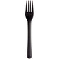 A single black reusable fork (18cm, PP) from Abena Re-Seller GmbH stands centrally on a white background. This eco-friendly and sustainable cutlery alternative has four tines and a slightly curved handle. Package: 50 pieces.