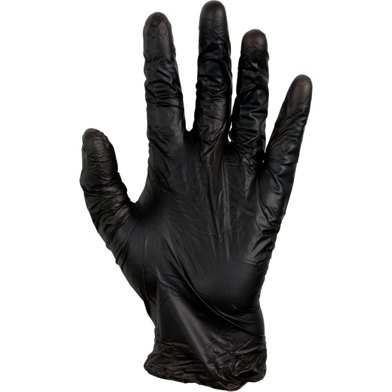 Eine erhobene linke Hand, die einen Handschuh der Abena Re-Seller GmbH Thor Black Vinyl, Vitrile Blend, Puderfrei mit leicht gespreizten Fingern trägt, wird vor einem weißen Hintergrund gezeigt.