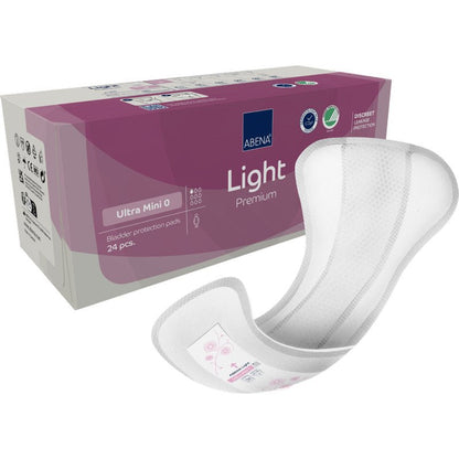 A pack of ABENA Light Ultra Mini 0, Premium (24 pieces) from Abena Re-Seller GmbH is presented next to a single curved pad, with product information and certification symbols on the packaging.