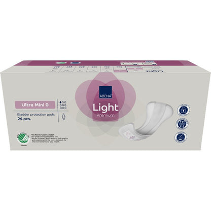 A beige box with purple accents contains 24 ABENA Light Ultra Mini 0, Premium pantyliners from Abena Re-Seller GmbH, with icons for absorbency and skin-friendliness.