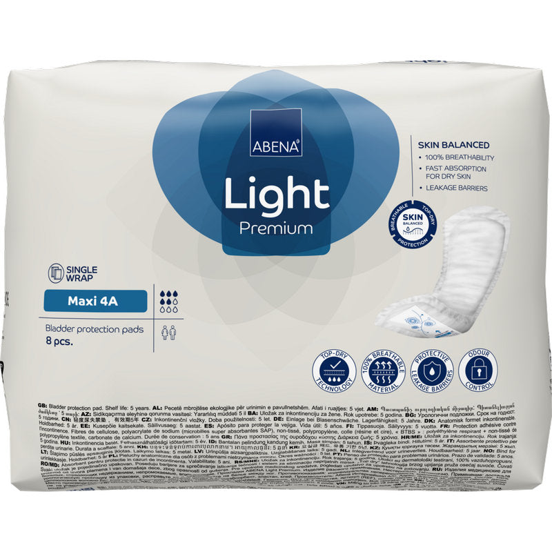 Eine Packung ABENA Light Maxi 4A, Premium von Abena Re-Seller GmbH enthält 8 Paar und zeichnet sich durch Hautbalance, schnelle Absorption und effektive Auslaufsperren aus.
