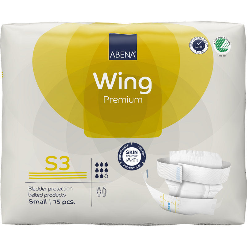 Packung mit ABENA Wing Premium Gürtelslips von Abena Re-Seller GmbH, Größe S3, 15 Stück. Die weiße Verpackung mit gelben Akzenten hebt die Schutz- und Komforteigenschaften hervor und zeigt ein Bild des Slips.