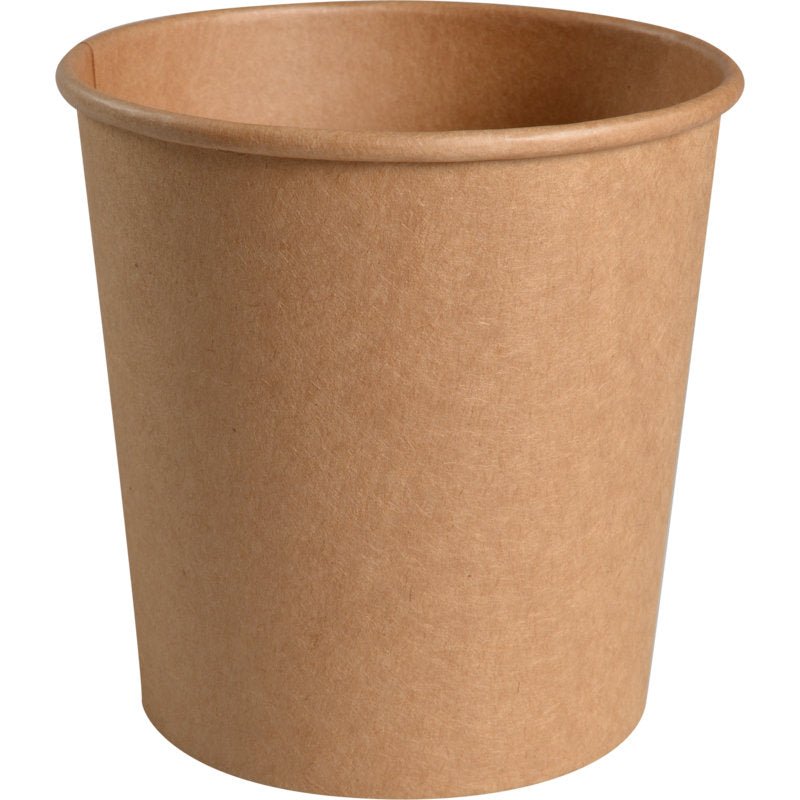 A simple, brown bowl (750 ml, ø 11.5 cm, Kraft/PE) from Abena Re-Seller GmbH is depicted upright and empty with a rolled rim against a white background. The disposable bowl is delivered in a pack of 50 and shows no visible branding or markings.