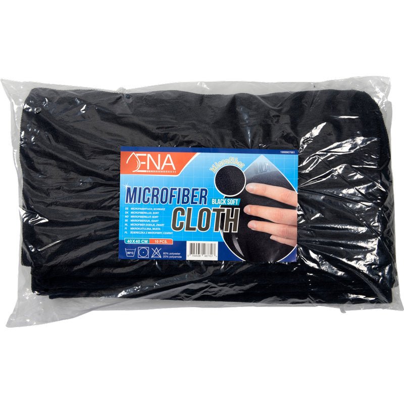 A transparent plastic packaging contains 10 folded black ENA Soft microfiber cloths (40x40 cm) from Abena Re-Seller GmbH with a blue-black "Microfiber Cloth" label - perfect for car care or household cleaning.