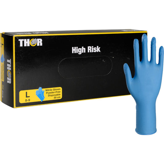 Eine Schachtel mit der Aufschrift "Thor High Risk Nitril-Handschuhe, Blau, 30 cm" der Abena Re-Seller GmbH enthält einen blauen Nitrilhandschuh. Die Verpackung in Gelb und Blau weist auf den Chemikalienschutz, die Größe L (8-9), die Puderfreiheit und die Länge von 30 cm hin.