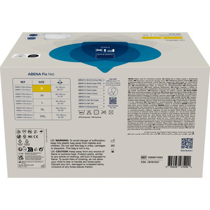 A rectangular box of fixing pants, ABENA Fix, Net by Abena Re-Seller GmbH, size S, with product information, size chart, warnings, barcode, dealer information, and multilingual symbols for incontinence products on the back.
