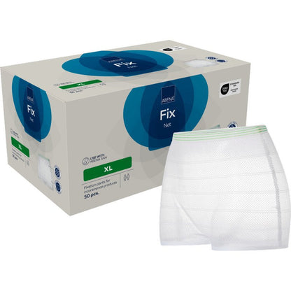 A white ABENA fixing pants by Abena Re-Seller GmbH is shown in front of a 50-piece "ABENA Fix Net XL" box; unisex and ideal for secure fixation of incontinence products.