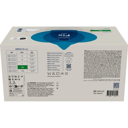 The back of an ABENA Fix Net fixing pants package by Abena Re-Seller GmbH contains size information, application instructions, diagrams, multilingual instructions, a barcode, and warnings. The predominantly white box is accented with blue and green for incontinence products.