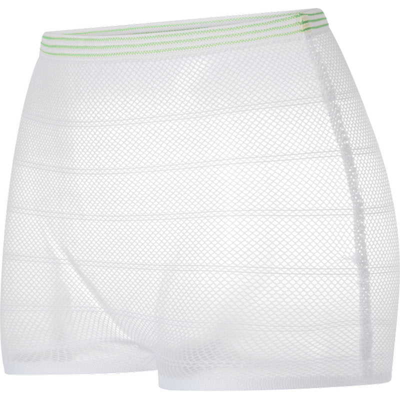A pair of white mesh fixing pants, ABENA Fix, mesh by Abena Re-Seller GmbH for incontinence products, with a green striped elastic waistband, depicted on a white background.