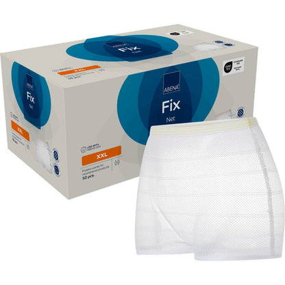 A box labeled "Fixing pants, ABENA Fix, Net" by Abena Re-Seller GmbH is accented in blue and orange and contains 50 fixing pants. A white mesh pant stands upright in front of the box.