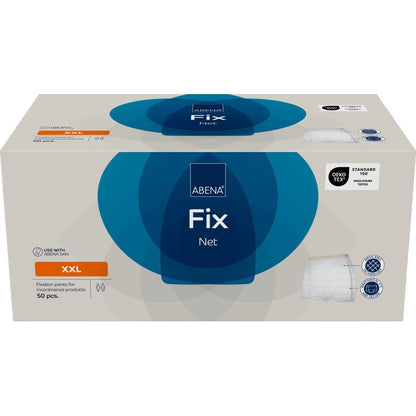 A rectangular box with fixing pants, ABENA Fix, Net by Abena Re-Seller GmbH, size XXL, contains 50 pieces. The predominantly white box with blue and orange accents shows product details - ideal as reliable incontinence products.