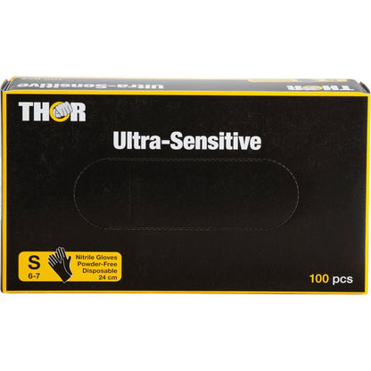 A black box labeled "Thor Ultra Sensitive, nitrile glove, black" from Abena Re-Seller GmbH contains 100 small (6-7) nitrile gloves with yellow accents and a glove graphic in the lower left corner.