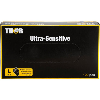 A black box from Abena Re-Seller GmbH labeled "Thor Ultra Sensitive, nitrile glove, black" contains 100 large (8-9), powder-free, black disposable nitrile gloves, each 24 cm long.
