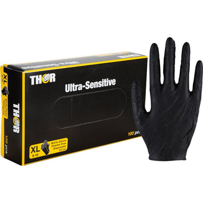 A Thor Ultra Sensitive nitrile glove, black, from Abena Re-Seller GmbH is depicted next to a black-yellow XL box labeled "Thor Ultra Sensitive" containing 100 gloves.