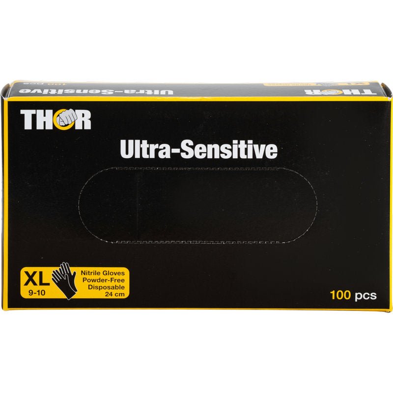 A box of Abena Re-Seller GmbH Thor Ultra Sensitive nitrile glove, black, size XL (9-10), powder-free, disposable, 24 cm, 100 pieces. The black box has white/yellow lettering and a glove symbol.