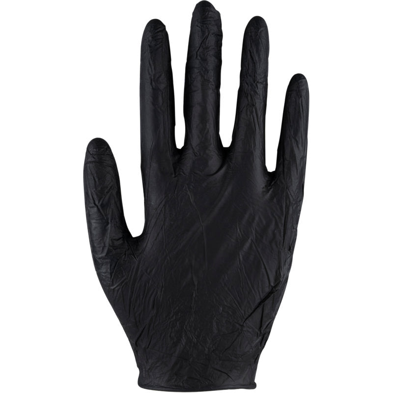 A single Thor Ultra Sensitive nitrile glove black from Abena Re-Seller GmbH is depicted upright with spread fingers against a white background. The surface of the glove appears slightly crumpled.
