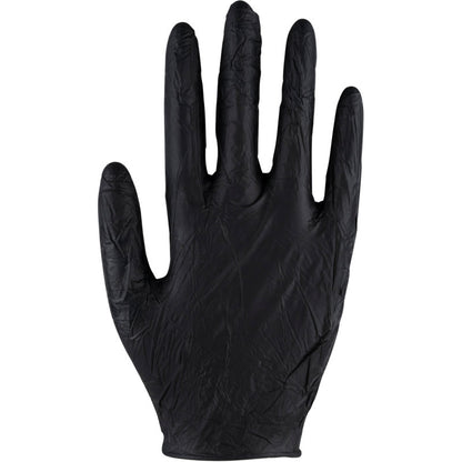 A single Thor Ultra Sensitive nitrile glove black from Abena Re-Seller GmbH is depicted upright with spread fingers against a white background. The surface of the glove appears slightly crumpled.
