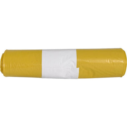 Tá rolla de mhálaí dramhaíola buí do Sæ kko Boy 60 (55 my LDPE Athchúrsáilte) ó Abena Re-Seller GmbH, le lipéad bán sa lár, suite go cothrománach ar chúlra bán aon-dath.