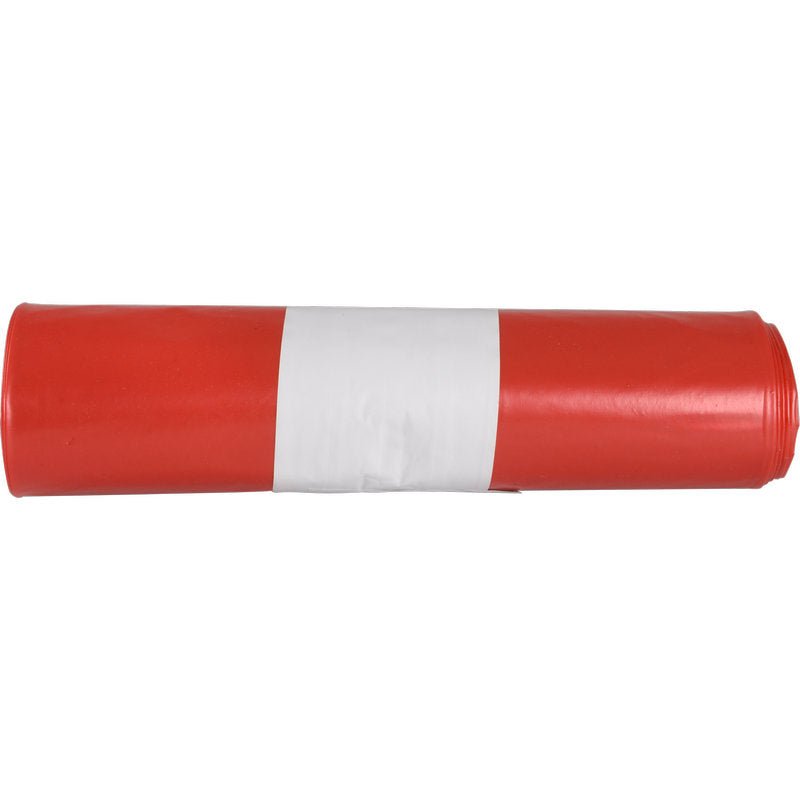 Mála dramhaíola dearg rollta do Sæ kko Boy 60 (55 my LDPE Athchúrsáilte) ó Abena Re-Seller GmbH le stiall leathan bán lárnach as plaisteach atá neamhdhíobhálach don chomhshaol, le feiceáil ó thaobh amháin ar chúlra bán.