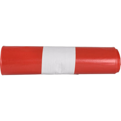 Mála dramhaíola dearg rollta do Sæ kko Boy 60 (55 my LDPE Athchúrsáilte) ó Abena Re-Seller GmbH le stiall leathan bán lárnach as plaisteach atá neamhdhíobhálach don chomhshaol, le feiceáil ó thaobh amháin ar chúlra bán.