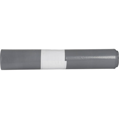 A rolled-up gray plastic trash bag with a white label stands on a plain white background. The trash bags for Sækko Boy 120 (55 my LDPE recycled) from Abena Re-Seller GmbH are ideal for sustainable waste disposal.