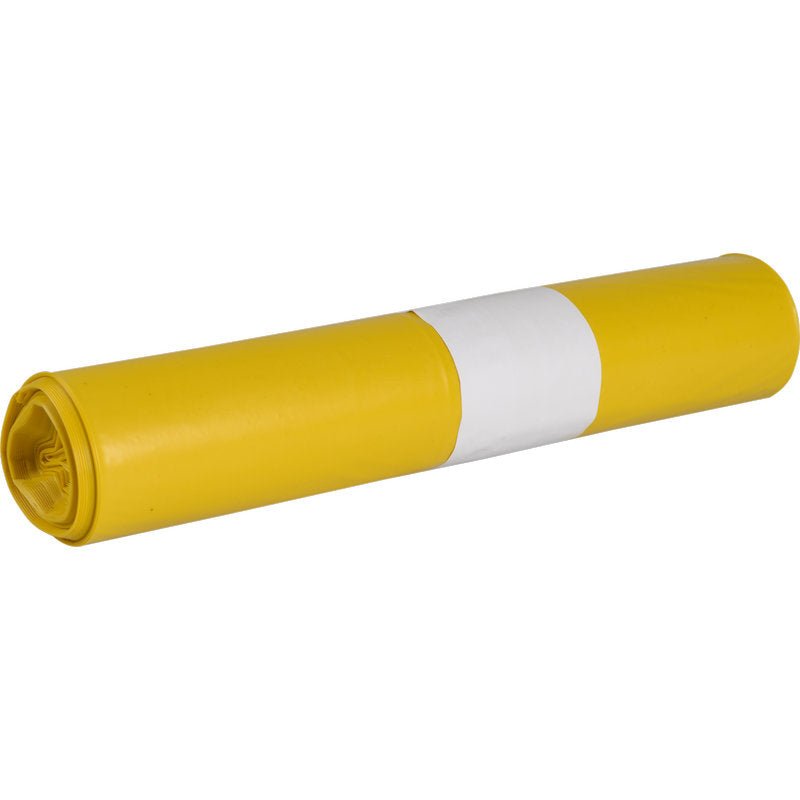 A tightly rolled yellow LDPE recycling trash bag, secured with a white paper band, stands on a white background - an eco-friendly option: trash bags for Sækko Boy 120, 55 my LDPE Recycled by Abena Re-Seller GmbH.