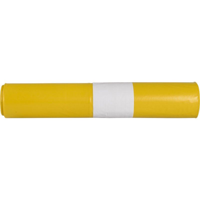 A cylindrical yellow object with a white stripe in the middle, resembling the trash bags for Sækko Boy 120, 55 my LDPE recycled by Abena Re-Seller GmbH, is depicted against a monochrome white background.