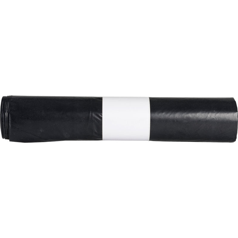 A rolled-up trash bag for Sækko Boy 120 (55 my LDPE recycled) from Abena Re-Seller GmbH, black with a simple white paper band in the middle, depicted from the side on a white background.