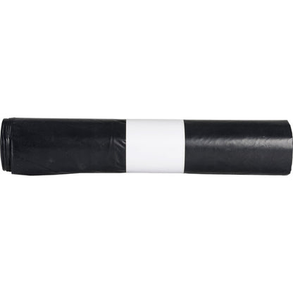 A rolled-up trash bag for Sækko Boy 120 (55 my LDPE recycled) from Abena Re-Seller GmbH, black with a simple white paper band in the middle, depicted from the side on a white background.