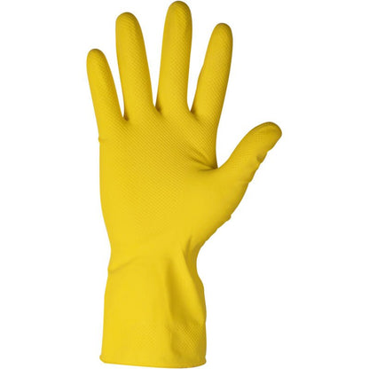 A single ENA Household latex household glove in yellow from Abena Re-Seller GmbH is depicted with spread fingers against a plain white background.