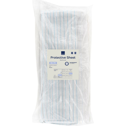 A folded Abena Re-Seller GmbH protective sheet, PE with lamination, 48 threads (80x170 cm), in clear packaging with a blue-white label showing info & icons for waterproof, reinforced medical protection. Package contains 25 pieces.