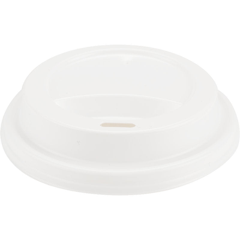 A white PP lid for coffee cups by Abena Re-Seller GmbH with a small oval drinking slit, seen from above, on a plain white background.