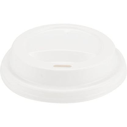 A white PP lid for coffee cups by Abena Re-Seller GmbH with a small oval drinking slit, seen from above, on a plain white background.