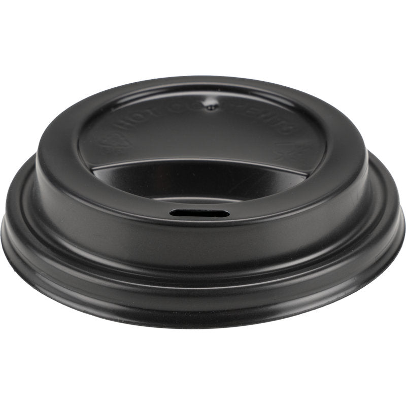 A black plastic lid for coffee cups, PP by Abena Re-Seller GmbH is depicted from above on a white background, has a raised edge and an oval drinking hole in the center.