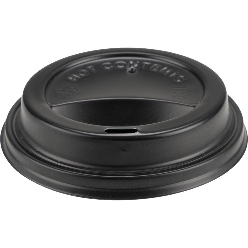 The Abena Re-Seller GmbH lid for coffee cups, PP is a black plastic lid with a raised edge, drinking slit and "HOT CONTENTS" embossing - ideal as a coffee cup lid for disposable cups.