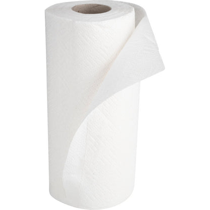 A kitchen roll from Abena Re-Seller GmbH (2-ply, 26 cm x 14 m, white) stands with a partially unrolled sheet on a white background. Packaging unit: carton with 8 packs.