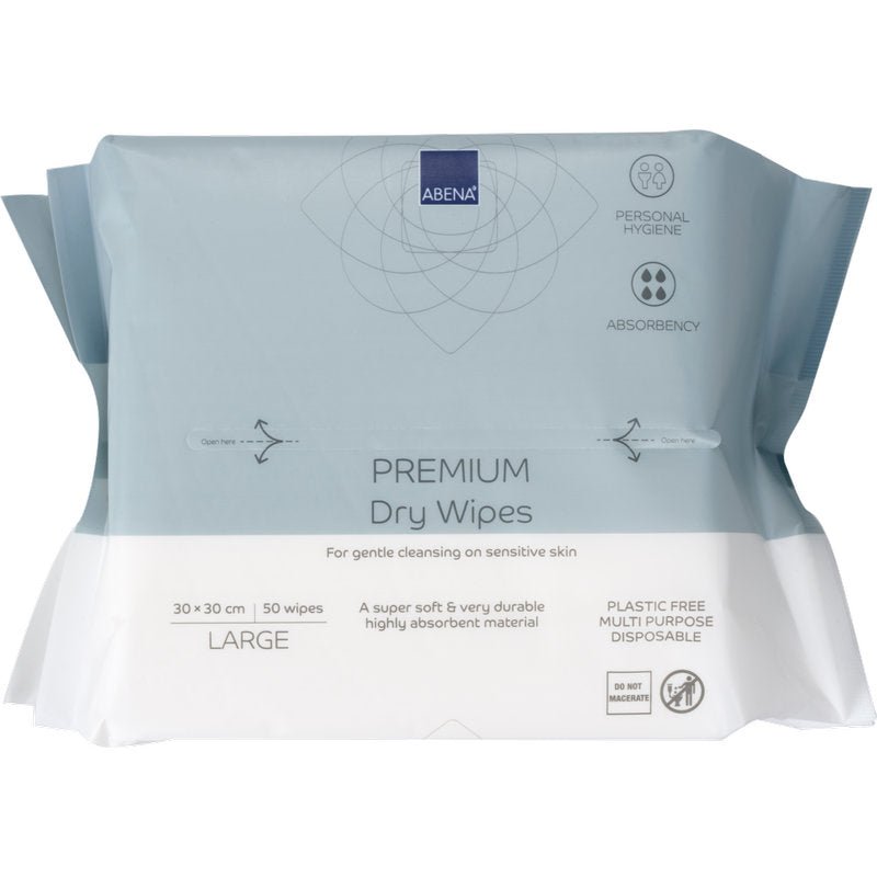 A 50-pack of ABENA Premium disposable washcloths (30x30 cm, white) from Abena Re-Seller GmbH offers hygienic cleaning, high absorbency, and body care; they are plastic-free and disposable.
