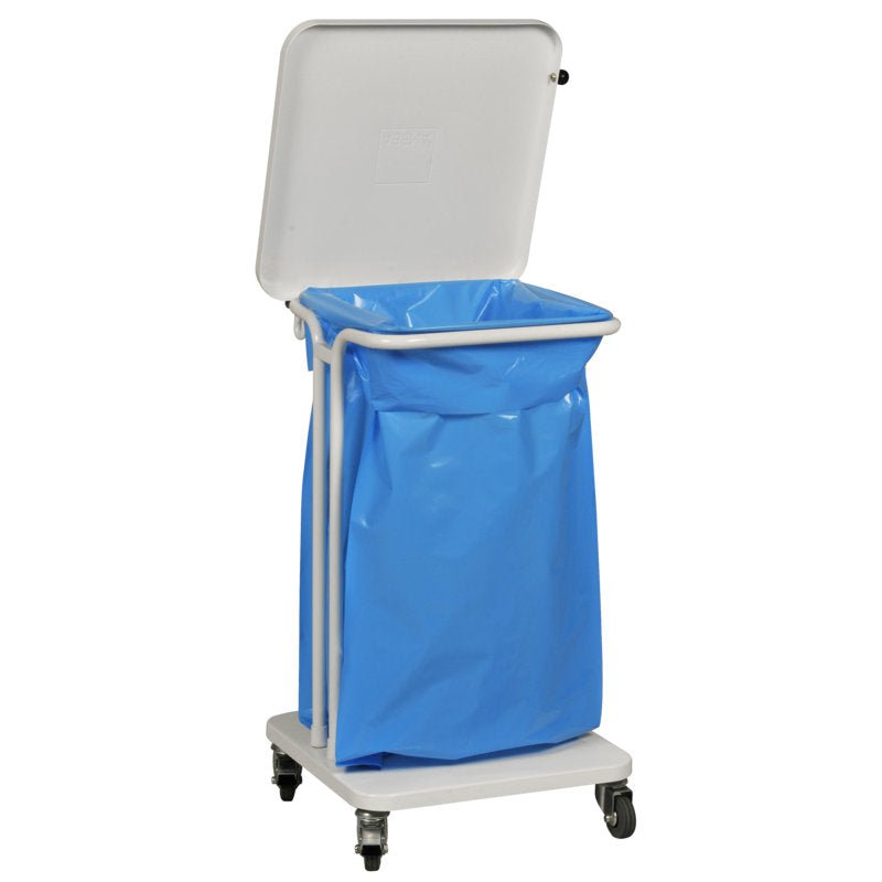 A Sækko Boy 40 waste container, with a lid in white from Abena Re-Seller GmbH, stands on four wheels and contains a large blue plastic inner bag.