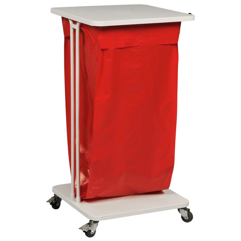 The laundry basket Sækko Boy 120 from Abena Re-Seller GmbH has a white metal frame, a red bag, a lid, and four castors. Packed in a box (1 package).