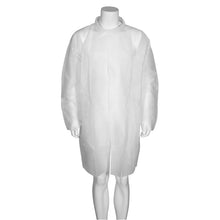 A functionless mannequin wears a long, white visitor coat (Nonwoven/PP) with sleeves and collar from Abena Re-Seller GmbH, buttoned at the front. The plain background is white.