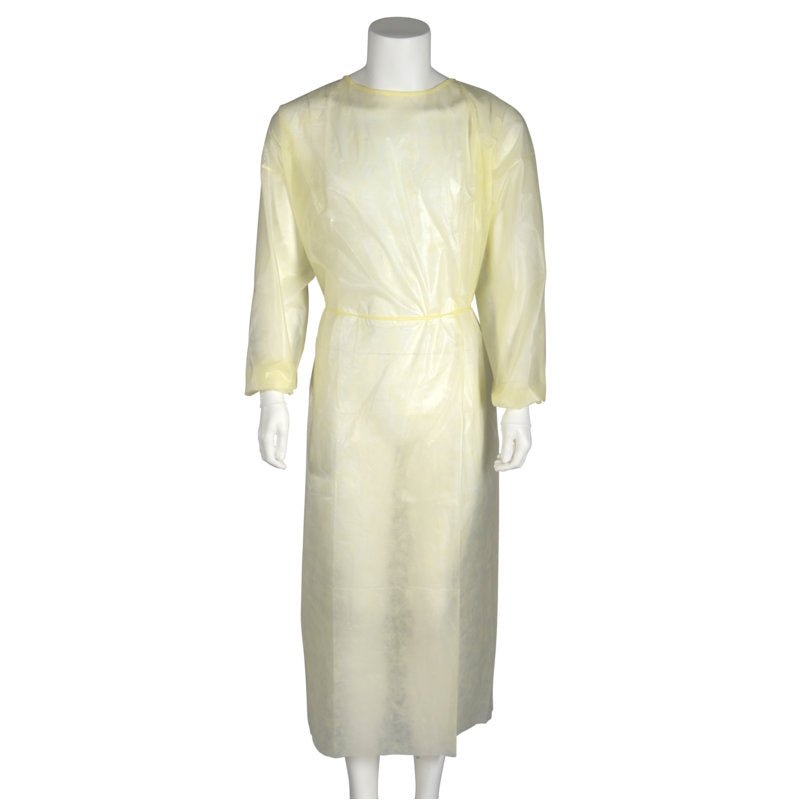 The Abena Re-Seller GmbH isolation gown for tying, Yellow, PP/PE is a yellow disposable isolation gown with long sleeves and waist tie, displayed on a white mannequin - ideal as medical disposable clothing in healthcare.