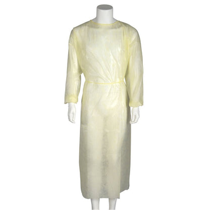 The Abena Re-Seller GmbH isolation gown for tying, Yellow, PP/PE is a yellow disposable isolation gown with long sleeves and waist tie, displayed on a white mannequin - ideal as medical disposable clothing in healthcare.