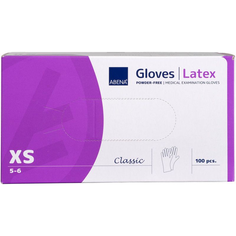 Eine Schachtel Abena Re-Seller GmbH Latex-Handschuhe Classic, Puderfrei, Lang, Natur in Größe XS (5-6). Die lila-weiße Schachtel enthält 100 Handschuhe und ist mit einem Handschuh-Symbol in der rechten unteren Ecke versehen.