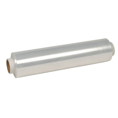 A roll of Abena Re-Seller GmbH cling film, PE, non-perforated, loose rolls with cardboard core, ideal for food storage, depicted on a plain white background.