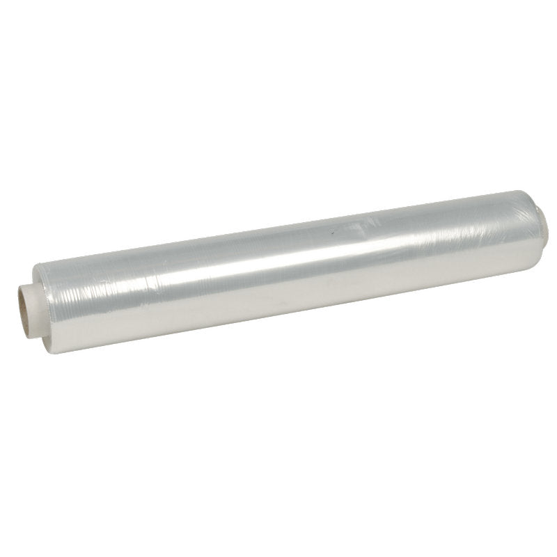 A roll of Abena Re-Seller GmbH cling film, PE, non-perforated, loose rolls with visible cardboard core is partially unrolled on a solid white background - ideal for storing food.