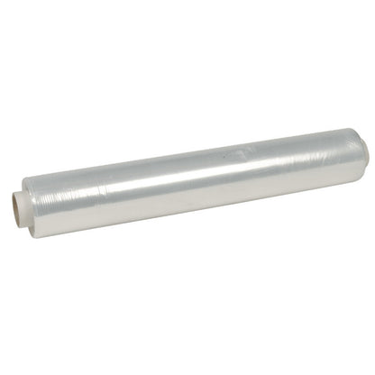 A roll of Abena Re-Seller GmbH cling film, PE, non-perforated, loose rolls with visible cardboard core is partially unrolled on a solid white background - ideal for storing food.